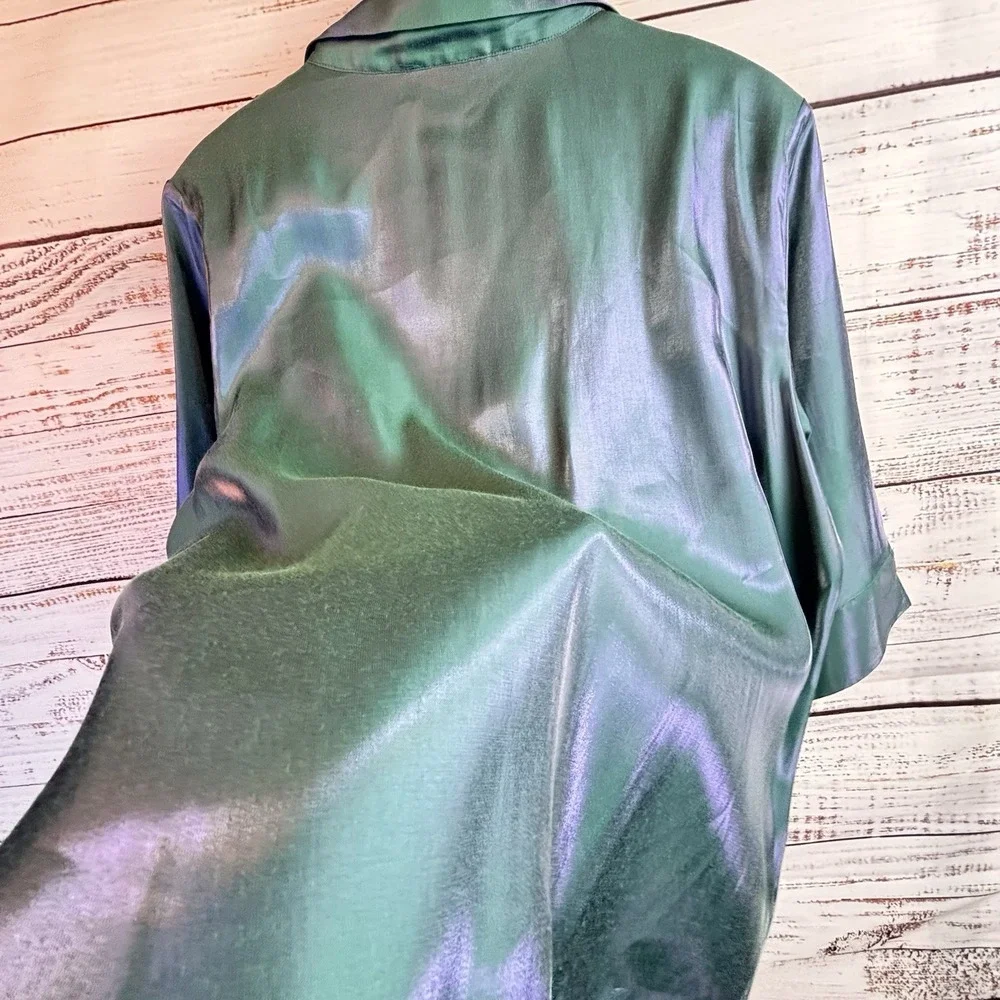 Luminous Silky Blouse XL/18 Teal Green Blue Purple 3/4 Sleeve Collared Statement